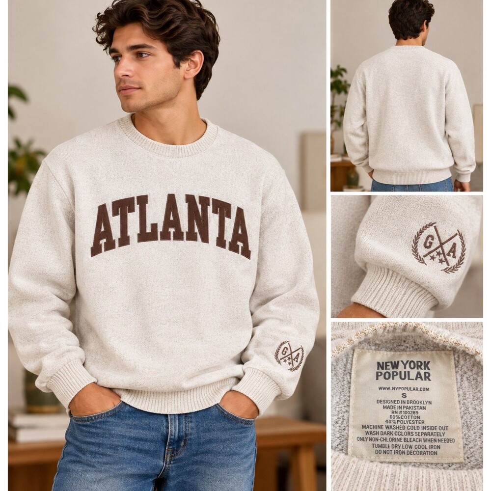 New York Popular Atlanta Crewneck Sweater Men’s Small Ivory Brown Embroidered...